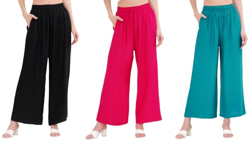 Image of Buy That Trendz Palazzo Pants for Women Rayon Elasticated Regular Fit Flared Wide Leg M to 6XL Pack of 3