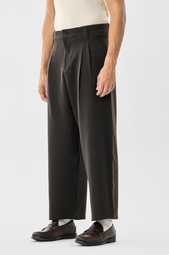 Image of SNITCH Men Casual Trousers | Baggy Fit Wide-Leg Design with Pleated Front & Button Closure | Durable Polyester Blend & Medium-Stretch Fabric for Summer Wear