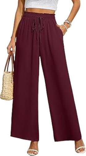BEIGAI Damen Hosen Weite Lose Gerade Geschnitten Palazzo Hose Hohe Taille Dehnbar Lounge Elegante Hose mit Taschen,Weinrot,M
