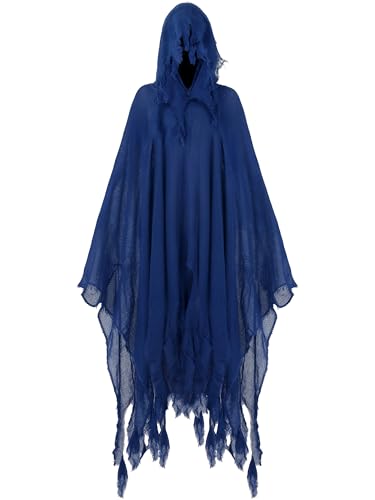 Fourluoo Halloween Grim Reaper Hooded Cloak for Men Women Peacock Blue M