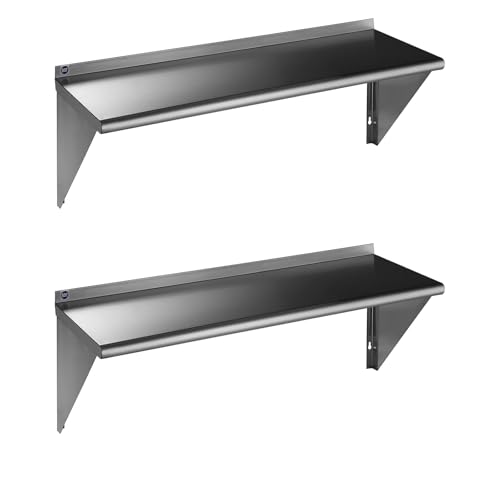 Image of ROCKPOINT Stainless Steel Shelf 18 x 48 Inches 400lb, 2 Pack NSF Commercial Wall Mount Floating Shelving with Backsplash for Restaurant, Kitchen, Home and Hotel, Silver