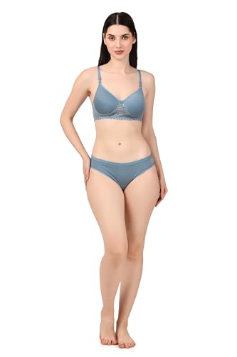 Image of Women's Cotton Lace Lingerie Set | Padded Wire-Free Comfort Bra & Panty Combo | Everyday Essentials in Nude