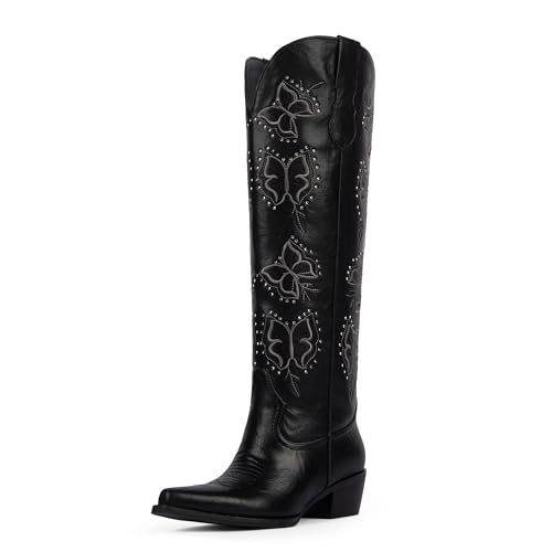Easyfox Cowboy Boots for Women Rhinestone Butterfly Embroidered Cowgirl Boots Chunky Heel Slip On Knee High Western Boots