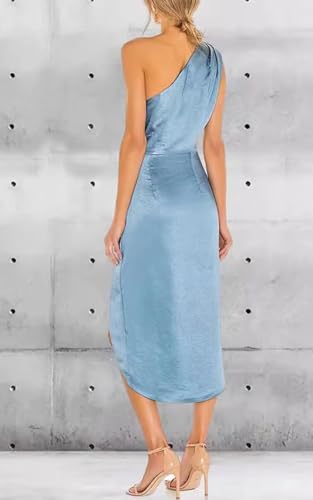 Satin Bridesmaid Dresses for Women One Shoulder Prom Dress Pleated Midi Formal Cocktail Gown Wedding Guest Dress with Slit3