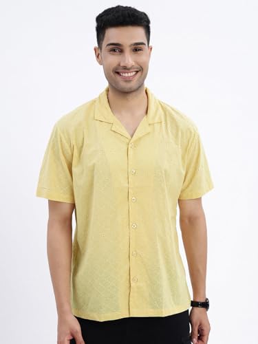 Image of SHOWOFFFF Men Solid Casual Shirt | Cuban Collar Half Sleeves Cotton Shirt for Mens | Relaxed Fit Regular Length Shirt for Men's