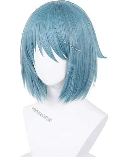 Image of Half and Half Sayaka Miki Cosplay Wig Short Blue Bob Anime Wig with Bangs Dark Teal Wigs Synthetic Fiber Hair for Women Halloween Party