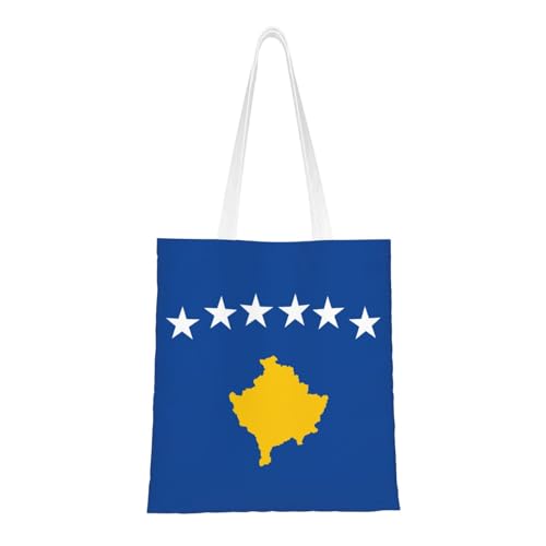 Flag Of Kosovo Print Polyester Canvas Tote Bag, Shopping Bag With Reinforced Handles, Reusable