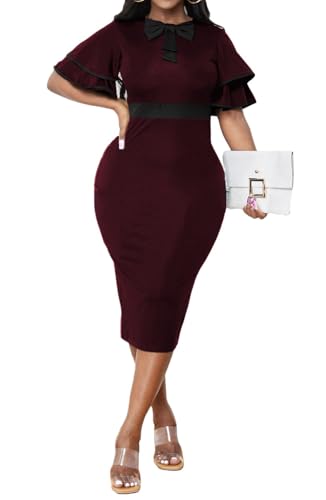Image of Xinlees Women's Bodycon Pencil Dress Sexy Short Ruffles Sleeve Clubwear Basic Fitted Outfits Casual Midi Dresses
