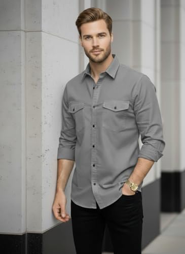 Image of DEELMO Men's Classic Cotton Blend Slim Fit Shirt || Full Sleeve Button-Down Casual Shirt with Dual Flap Pockets || Soft Breathable Fabric || Ideal for Office Party and Everyday Wear