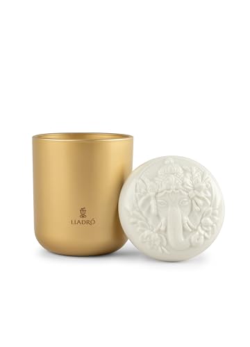 LLADRÓ Crystal Candle with Porcelain Lid Lord Ganesha Aroma Valencia Gardens. Porcelain Candle Holder with Lid Engraved with Lord Ganesha Hindu Deity
