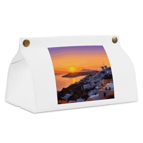 Greece Island Sunset Landscape White Tissue Box Cover Rectangle PU Leather Cover for Tissue Boxes Modern Tissue Holder for Bathroom Office Tissue Holders Decorative Cute Napkin Holder for Kitchen