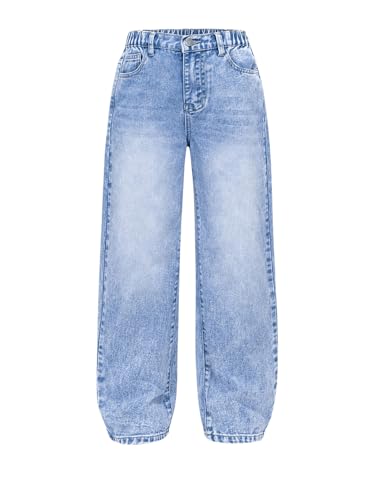 Floerns Girl's Elastic Waist Jeans Kids Wide Straight Leg Denim Pants with Pocket
