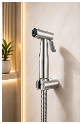 Image of SS304 Stainless Steel Health Faucet Complete Set | High Pressure Jet Spray for Toilet | 1 Meter Hose Pipe & Wall Hook | Hand Bidet Sprayer | Brushed Steel Finish