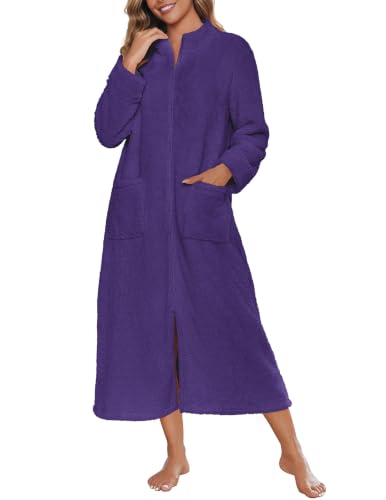 Image of Ekouaer Women Zip Up Robe Fleece Long Sleeves Soft Housecoat with Pockets