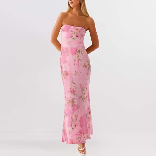 Image of Women Y2k Strapless Maxi Dress Summer Backless Floral Long Tube Dress Off Shoulder Cocktail Party Dress