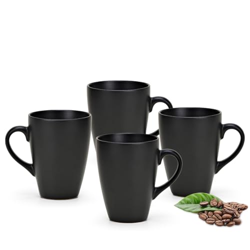 Tassen 4er Set in schwarz - Moderne Steingut Kaffeebecher in 400ml für Tee Kaffee Cappuccino - Außergewöhnliche Kaffeetassen spülmaschinenfest und mikrowellengeeignet als Geschenk