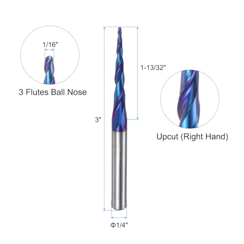 Image of uxcell Tapered Ball Nose End Mill CNC Router Bit, 1 /32 inch Radius 1 /4 inch Shank Solid Carbide Nano Coated Upcut Spiral 3 Flutes Cutter Milling Tool, 1 /16 inch Dia 3 inch Total Length
