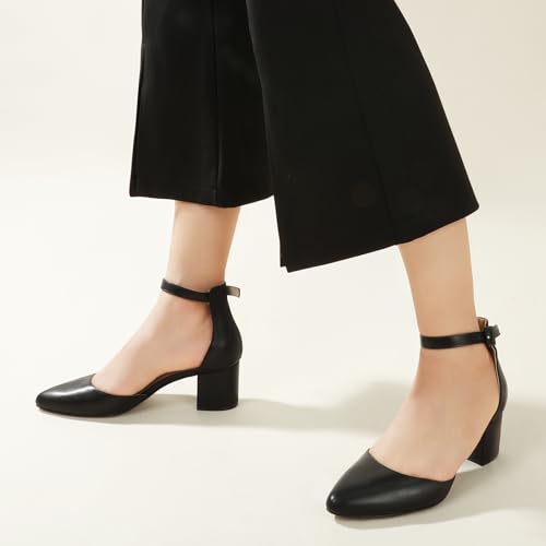 Image of Ankis Closed Toe Heels for Women, 2.25 Inch Low Block Chunky Dress Pumps | Black Nude White Gold Silver Pointed Toe Design, Soft Insole, Adjustable Ankle Strap, Classic Versatile, For Formal Daily