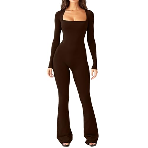 Flare Jumpsuits for Women Long Sleeve One Piece Full Bodysuits Square Neck Wide Leg Full Length Romper Playsuit Yoga Unitards Brown　Workout Jumpsuits for Women