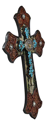 Ebros Gift Rustic Western Turquoise Rocks With Longhorn Bull Concho Tooled Leather Finish Wall Cross Decor Plaque Vintage Design Hanging Sculpture 12" High Catholic Christian Accent Decorative Crosses #TOP2
