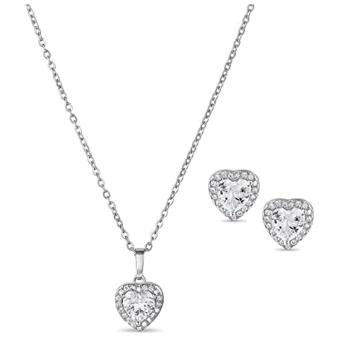 Scienza Pure Heart Necklace & Earring Set – Heart Shape CZ Stud Earrings & Pendant Necklace – 18K White Gold-Finished Jewelry Set – Ideal Gift for Valentine Day – Luxury Jewelry for Women Cover