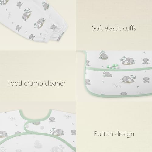 Image of Susurration Baby Long Sleeve Bib Waterproof Sleeved Bib Smock for Baby | 2 Pack Baby Reusable Feeding bibs, 6-36 Months Baby Feeding Essentials - Green Elephant