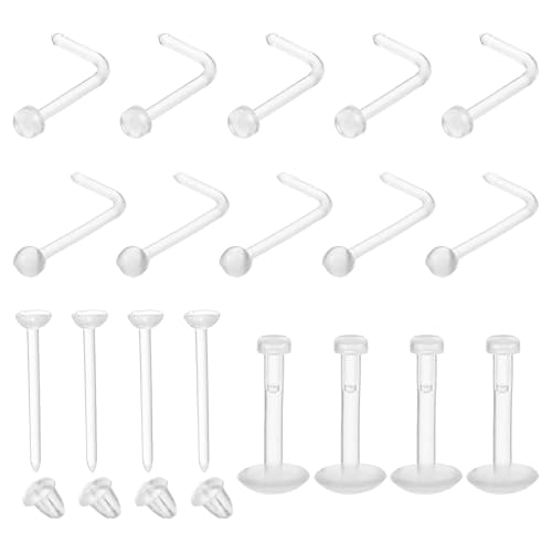 18 Stück Transparente Plastik Lippenpiercing, Unsichtbare Nasenstecker Kunststoff Retainer (16G/20G, L- Und I-Form), Piercing Schmuck für Arbeit, Op, Mrt, Schule, Sport – Nase, Septum, Lippe, Knorpel