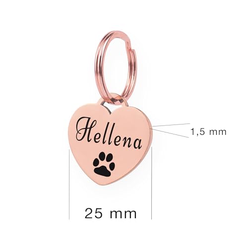 Herz Hundemarke mit Gravur | Personalisiert mit Name, Telefonnummer, Adresse, Wunschtext | 25 mm Rosegold, Gold Edelstahl Dog Tag, Namens-Anhänger für Hunde-Halsband