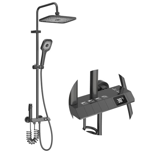 Meisax Colonne De Douche, Ensemble de Colonne avec Affichage LED 4 Fonctions, Ensemble de Douche Réglable en Hauteur, 3 Modes de Douche, Robinets Cachés, Pistolet D'arrosage Sous Pression