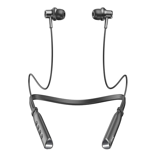 HTC Neckband Headphones Bluetooth, Magnetic Stereo Earphones with Hall Function for Calling, Exercising -10mm Drivers/Game Modes/16H Playtime/IPX5 Waterproof- Black, Grey, HS01-HTC