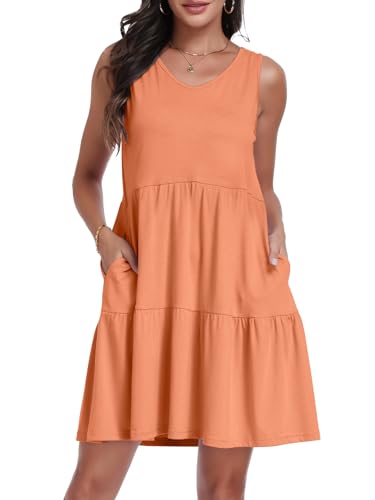 Image of Sundresses for Women Summer Sleeveless Tiered Swing V Neck Tank Dress | 2026 Casual Loose Tank Dress with Pockets, A-Line Flowy Beach Sun dress, Vacation Cruise Fashion Outfits