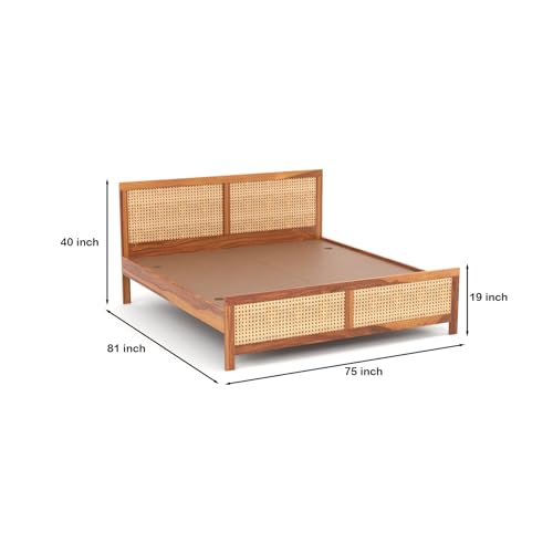 Image of Sheesham Wood Cane Bed Without Storage for Bedroom | King Size Wooden Double Bed Palang with Rattan Headboard & Footboard (Honey Finish)