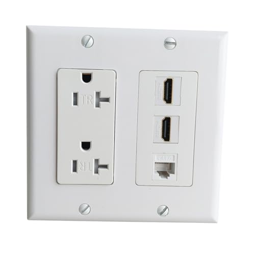 Double prise de courant avec plaque murale HDMI CAT6 Ethernet blanc