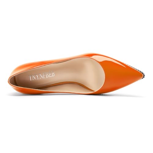 Image of TNYNFBEB Womens Mid Kitten Heel Pointed Toe Pumps Slip-on Silver Beaded Prom Party Dress Patent Leather 2.6 Inches Heels