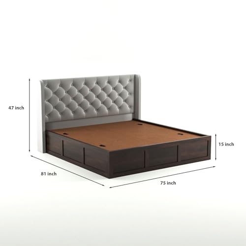 Image of Solid Sheesham Wood King Size Bed with Storage | Wooden Double Bed Cot Bed with Box Storage & Velvet Upholstered Cushioned Headboard for Bedroom (Walnut D, King)