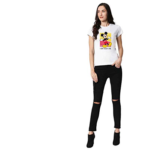 Image of Bewakoof Women's Cotton Printed Mickey Don't Care (Dl) Disney Half Sleeves | Round Neck | Regular Fit T-Shirt /Tee