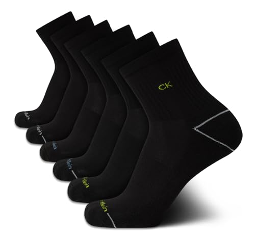 Calvin Klein Mens Quarter Socks - 6 Pack Performance Cushioned High Quarter Cut Athletic Socks for Men With Arch Support, Size 7-12, All Black
