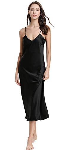 Aivtalk - Chemise de Nuit Femme Longue pour Eté en Soie Artificielle Robe de Nuit à Bretelles Col V Lingerie Nuisette Couleur Noir Taille 42-44 Cover