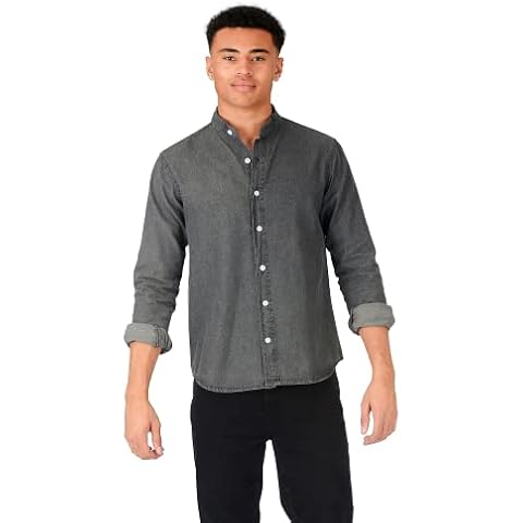 JMOJO Grey Slim Fit Smart Long Sleeve Grandad Collar Casual Denim Shirt (L, Grey) Cover