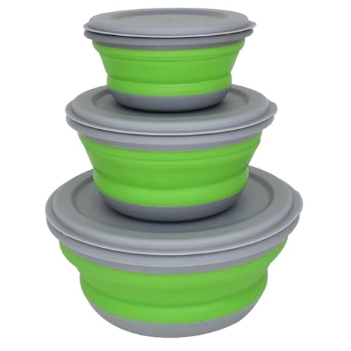 Huntoshon Collapsible Bowls, 3pcs Food Grade Silicone Camping Bowl Salad Bowl with lids, Portable Expandable Lunch Box Food Storage Container for Camping Travel and Picnic,Green