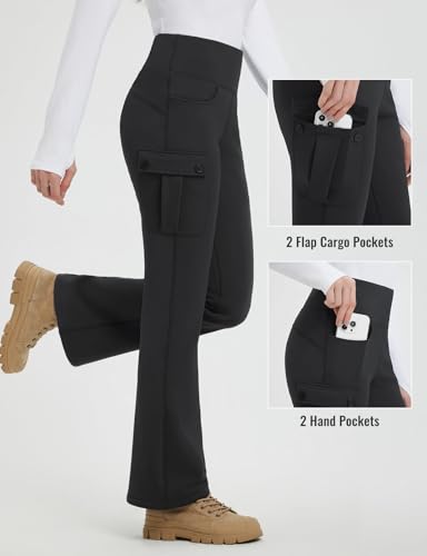 baleaf Women's Thick Fleece Lined Pants Flare Leg Winter Snow Water Resistant Cargo Pockets High Waisted Warm3