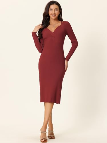 Seta T Women's Fall Winter Long Sleeve V Neck Ribbed Knit Side Slit Twist Front Midi Sweater Dress3