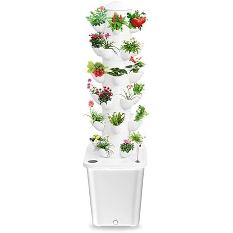qorkhogr Hydroponics Growing System Kit,Hydroponic Growing Tower with 10l Tank, 6 Layers 30 Plants Indoor Growing System, Soilless Cultivation Vertical Planter Tower Garden Kit White US Plug Cover