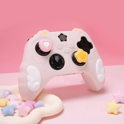Image of GeekShare Controller Skin Grips Set for Xbox Silicone Protective Cover Skin Case Compatible with Xbox Series X Controller with 2 Thumb Grip Caps and 2 Stickers - Star Wings Series (Pink)