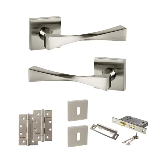 KOOPLES HARDWARE Senza Pari Guido on Square Rose Complete Door Pack with Sash Lock Set – Fixings Included (4" Slim Knuckle Hinges x2, Satin Nickel, 3")