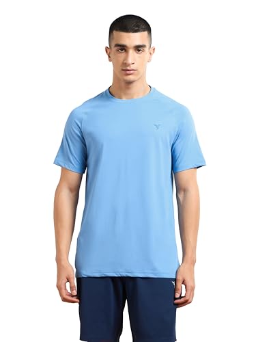 Image of TECHNOSPORT Men's Solid T-Shirt COTFLEX Quick Dry Slim Fit Round Neck Sports Tee for Gym Running Casual Wear UPF50+ Anti Odour