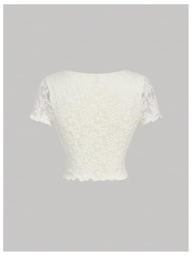 Verdusa Women's Bow Front Square Neck Tops Short Sleeve Lace Lettuce Crop T Shirts2