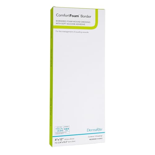 ComfortFoam Border Foam Wound Dressing, 4" x 12", 5 Pack, Soft Silicone Adhesive, Highly Absorbent, Self-Adherent, Showerproof, Flexible, Cut to Fit