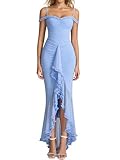 KUTUMAI Women Ruffle Bodycon Maxi Dress Ruched Long Formal Cocktail Wedding Guest Dresses Blue M