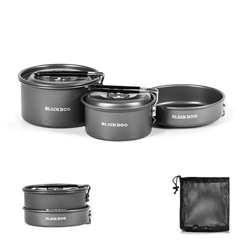 Blackdog 【進級型】 クッカーセット 鍋+フライパン 0.5kg超軽量 重ね収納 3L/7.5寸/1.7L大容量 多機能 コンパクト 収納袋付き 断熱なハンドル付き 焦げ付き防止 お手入れやすい 携帯便利 アルミ製 耐磨耗 ソロキャンプ 登山 アウ